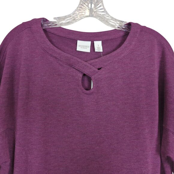 Chico's Purple Tunic Top Size‎ L Short Sleeve Keyhole Neckline Side Pockets - Picture 5 of 13
